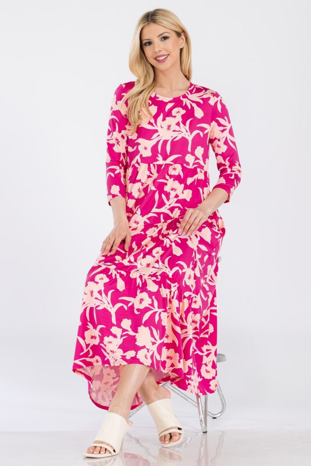Trendsi Celeste Full Size Floral Round Neck Ruffle Hem Dress Celeste Full Size Floral Round Neck Ruffle Hem Dress