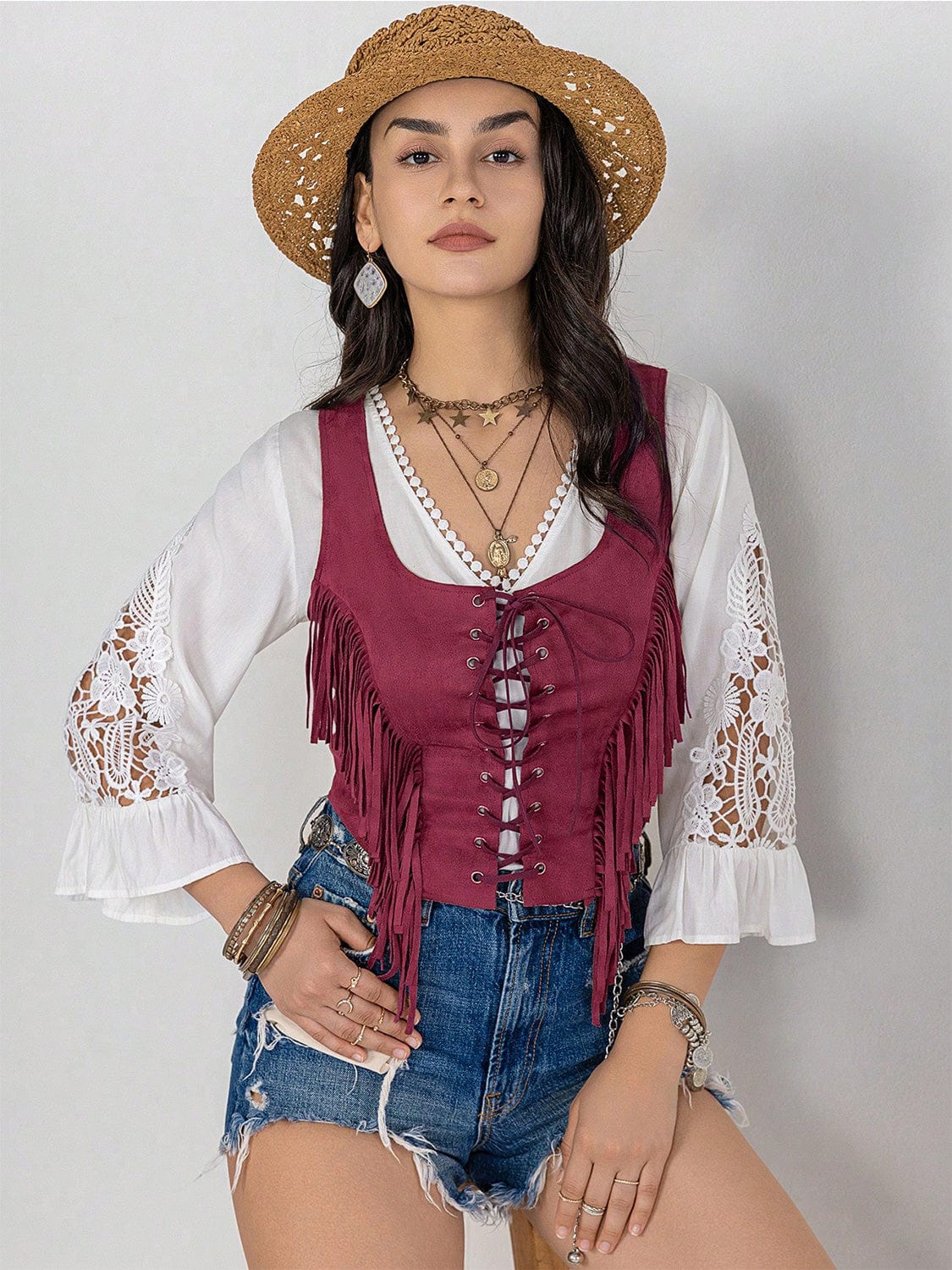 Trendsi Cerise / S Fringe Lace-Up Vest Fringe Lace-Up Vest