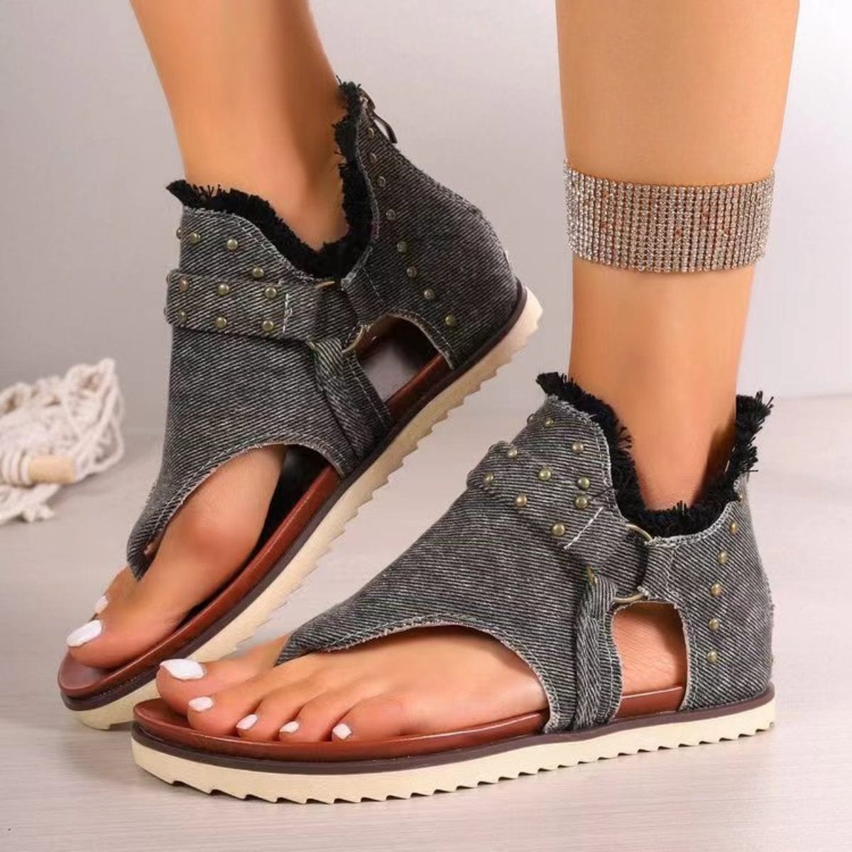 Trendsi Charcoal / 36(US5) Studded Raw Hem Flat Sandals Studded Raw Hem Flat Sandals