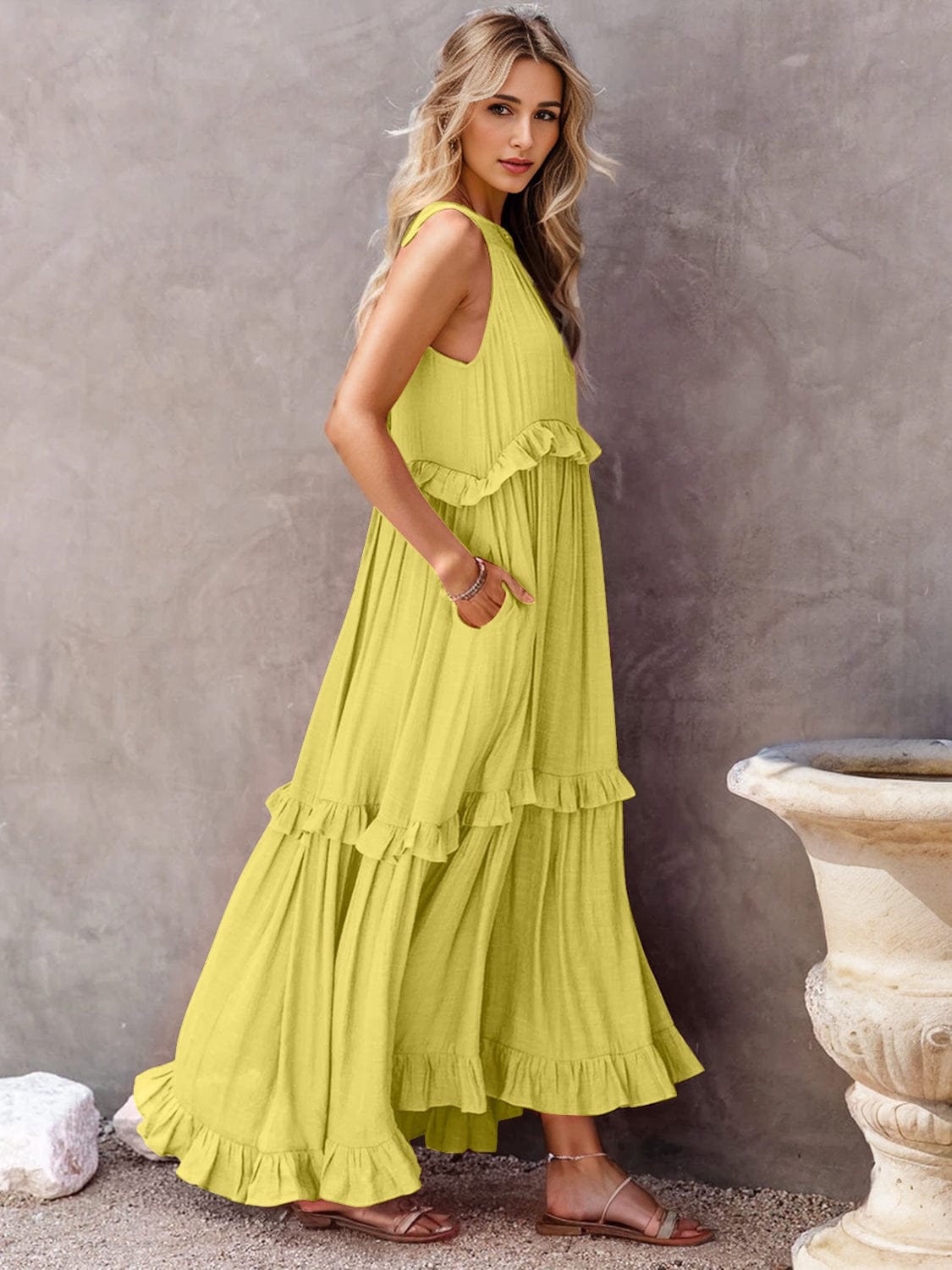 Trendsi Chartreuse / S Ruffled Sleeveless Tiered Maxi Dress with Pockets Ruffled Sleeveless Tiered Maxi Dress with Pockets