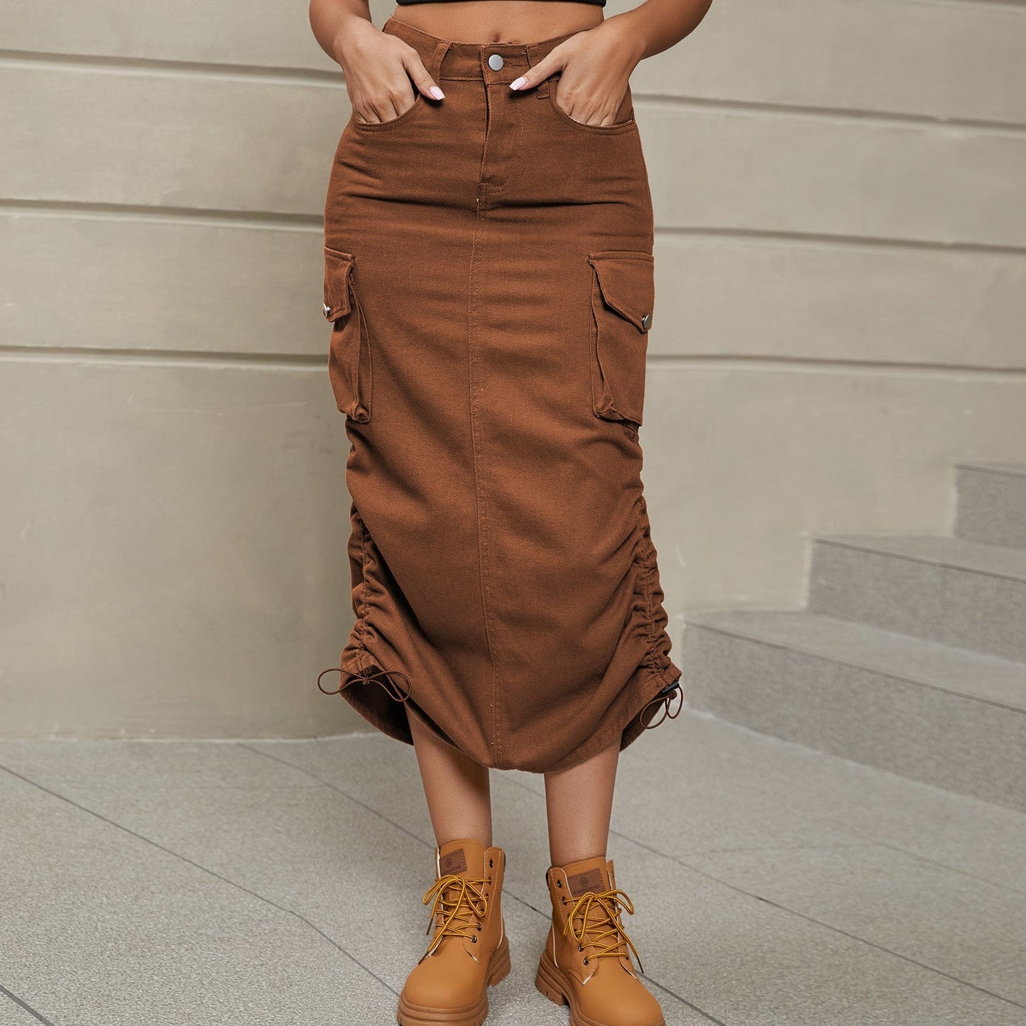 Trendsi Chestnut / S Drawstring Ruched Slit Denim Midi Skirt Drawstring Ruched Slit Denim Midi Skirt