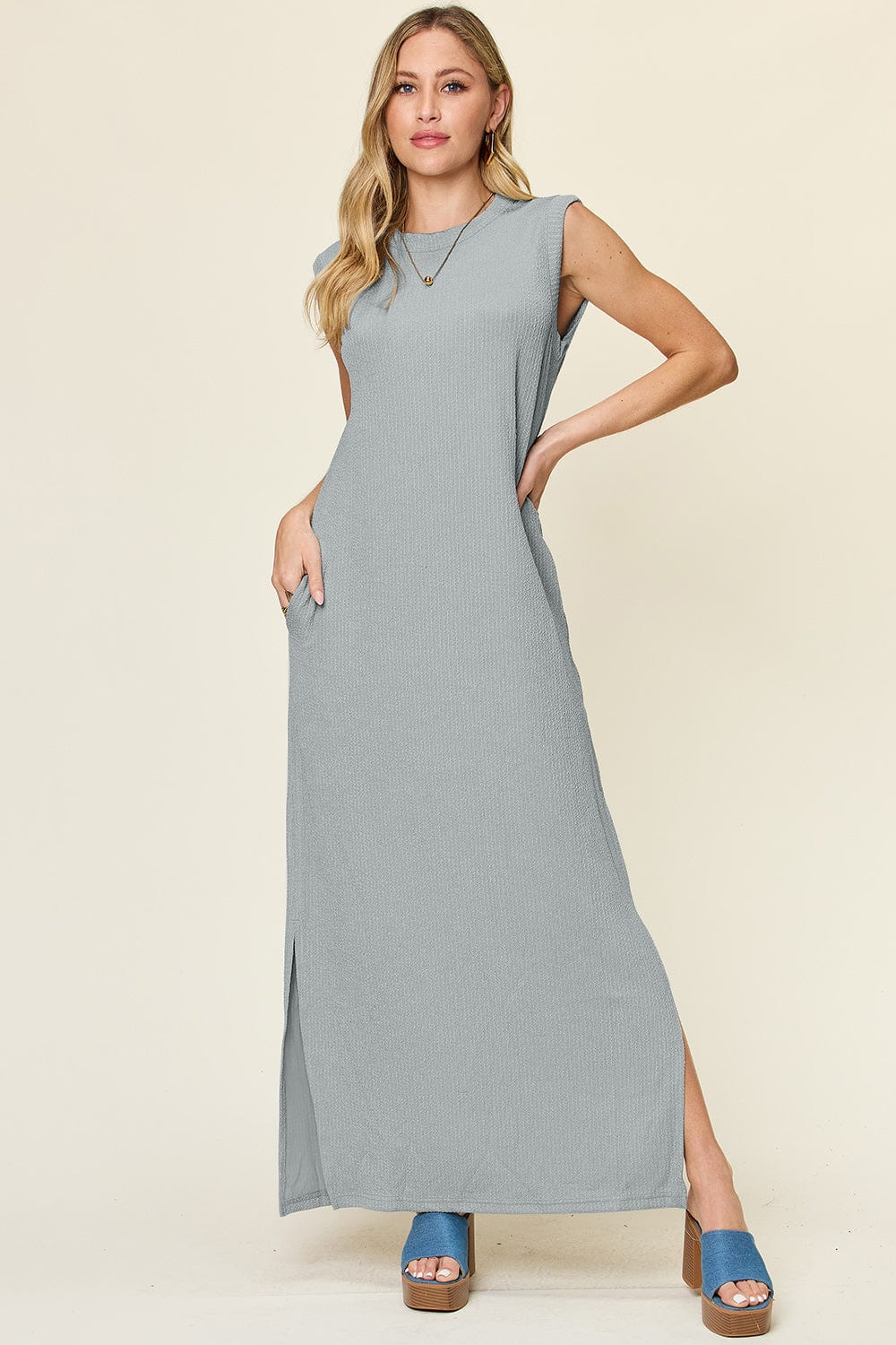 Trendsi Cloudy Blue / S Double Take Full Size Texture Mock Neck Sleeveless Maxi Dress Double Take Full Size Texture Mock Neck Sleeveless Maxi Dress