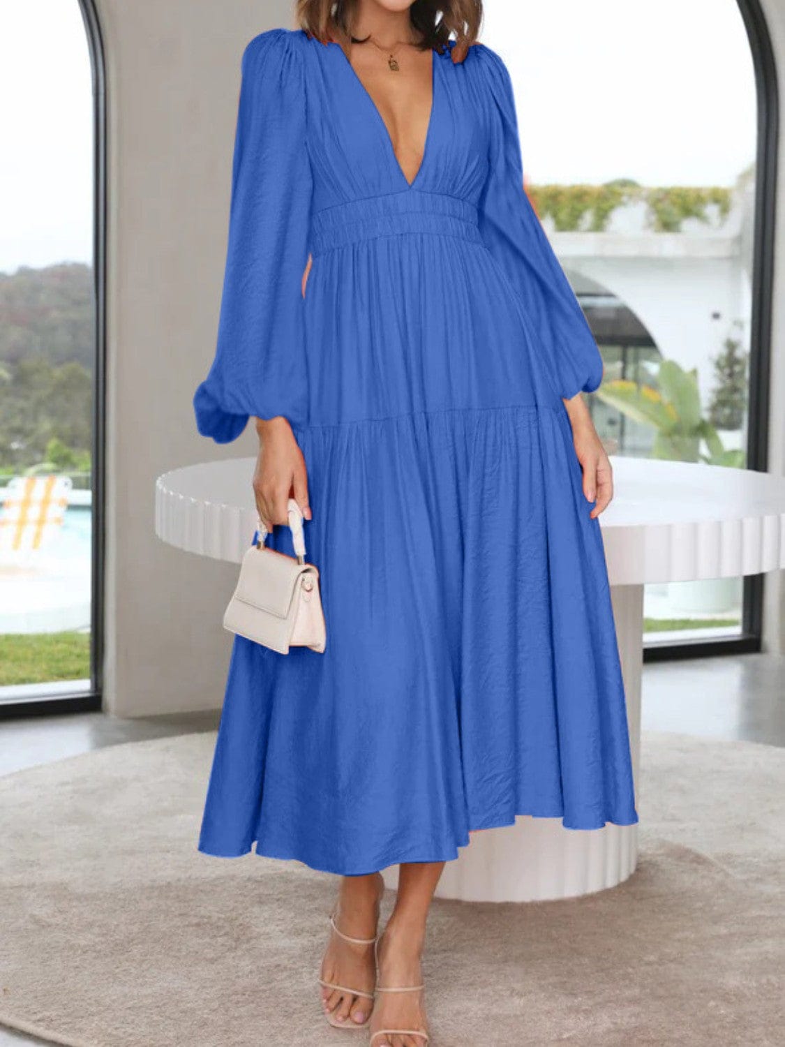 Trendsi Cobalt Blue / S Deep V-Neck Balloon Sleeve Plain Maxi Dress Deep V-Neck Balloon Sleeve Plain Maxi Dress