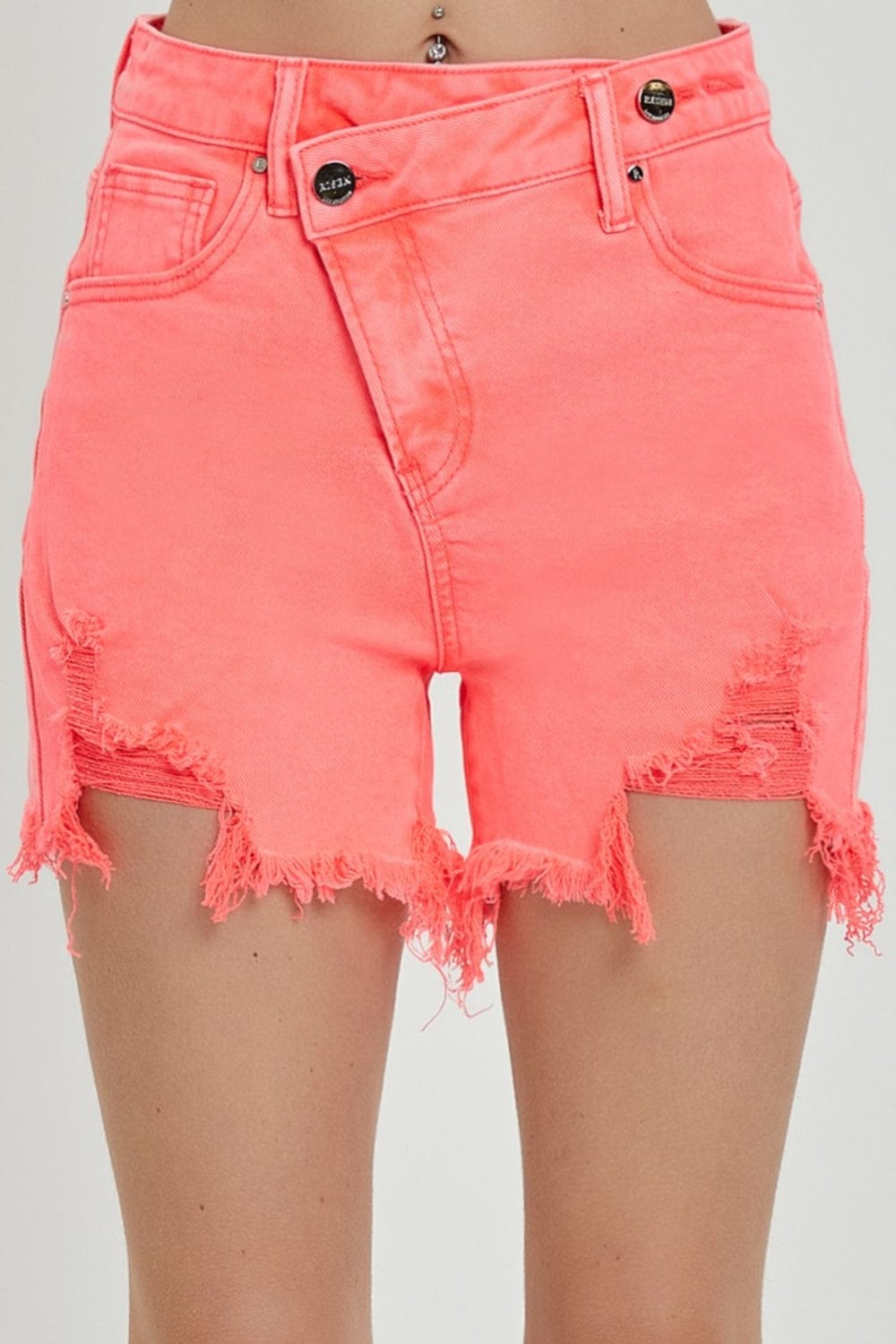 Trendsi Coral Pink / S RISEN Raw Hem Asymmetrical Waist Denim Shorts RISEN Raw Hem Asymmetrical Waist Denim Shorts