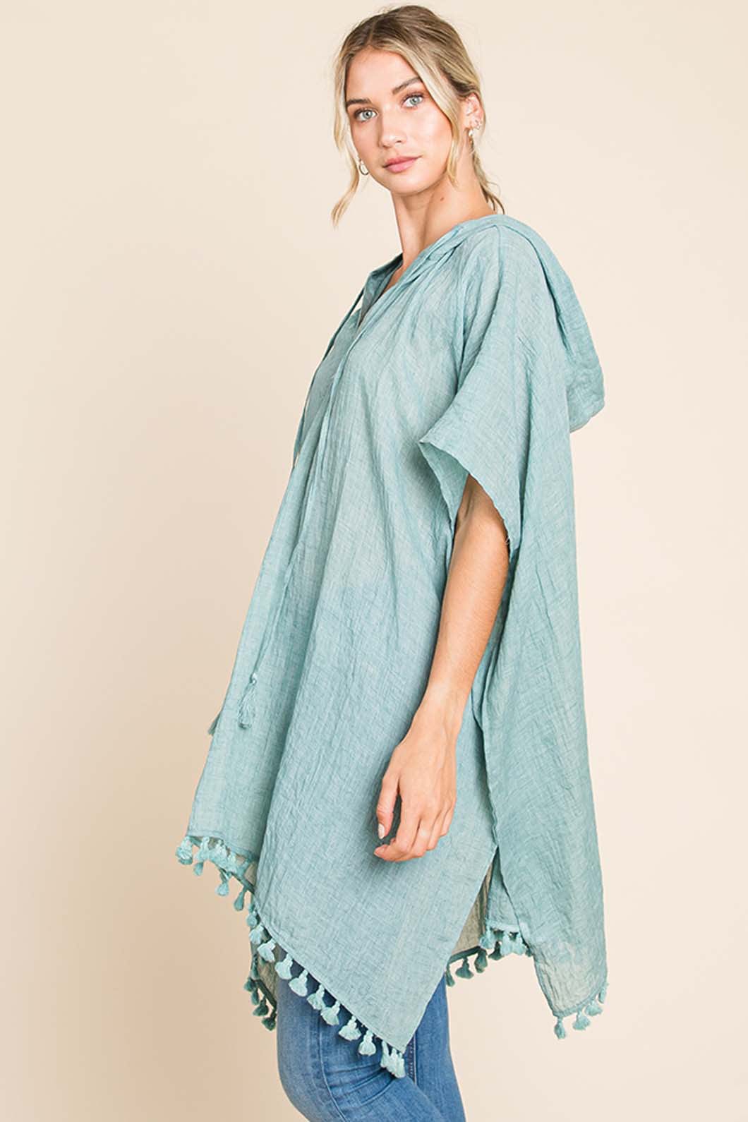 Trendsi Cotton Bleu by Nu Label Tassel Hem Hooded Cover Up Cotton Bleu by Nu Label Tassel Hem Hooded Cover Up