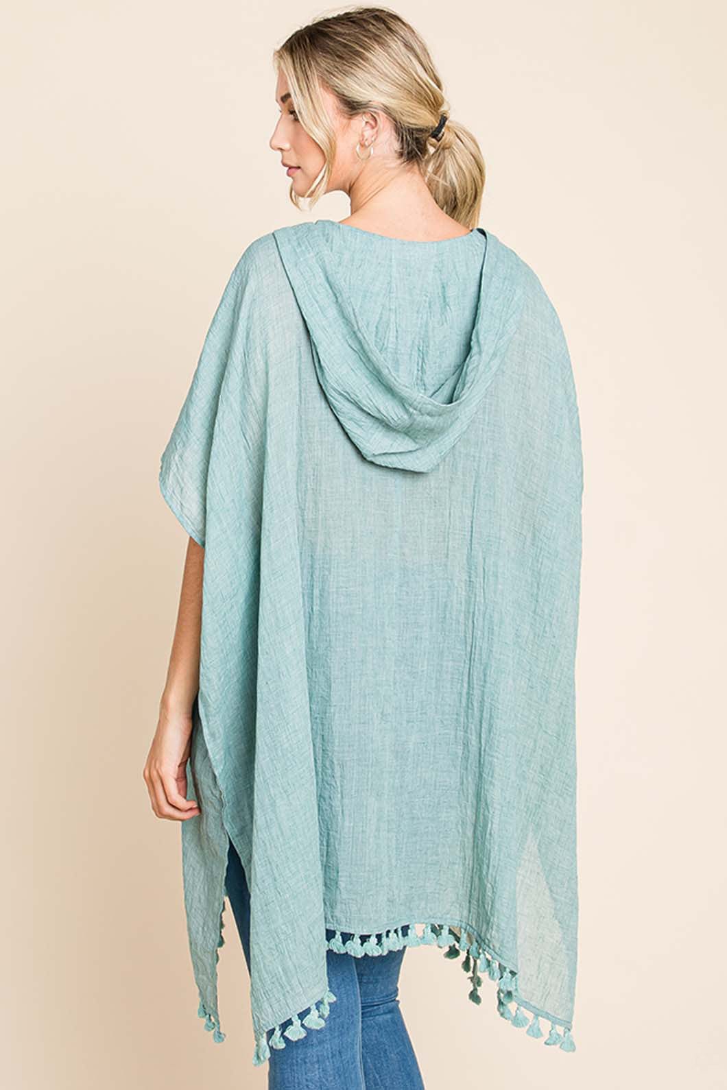 Trendsi Cotton Bleu by Nu Label Tassel Hem Hooded Cover Up Cotton Bleu by Nu Label Tassel Hem Hooded Cover Up