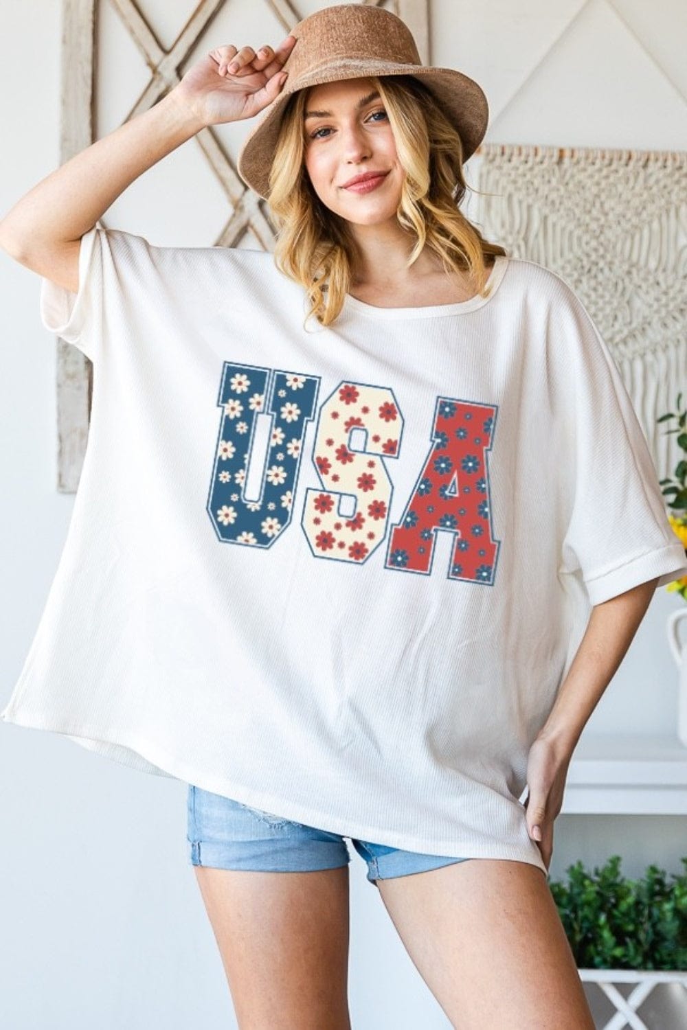 Trendsi Cream Floral Usa / S HOPELY USA Round Neck Half Sleeve T-Shirt HOPELY USA Round Neck Half Sleeve T-Shirt