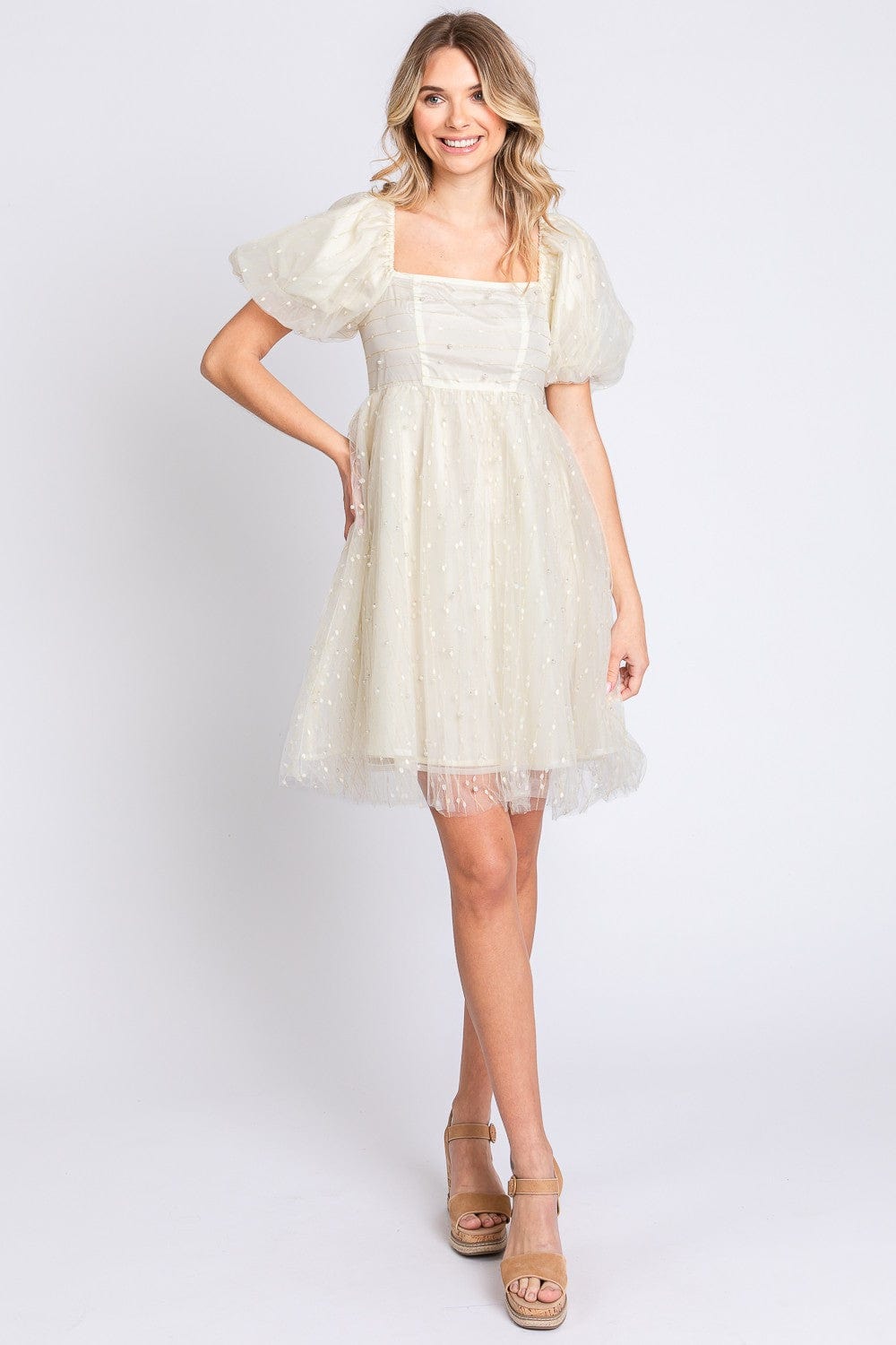 Trendsi Cream / S GeeGee Pearl Mesh Puff Sleeve Babydoll Dress GeeGee Pearl Mesh Puff Sleeve Babydoll Dress