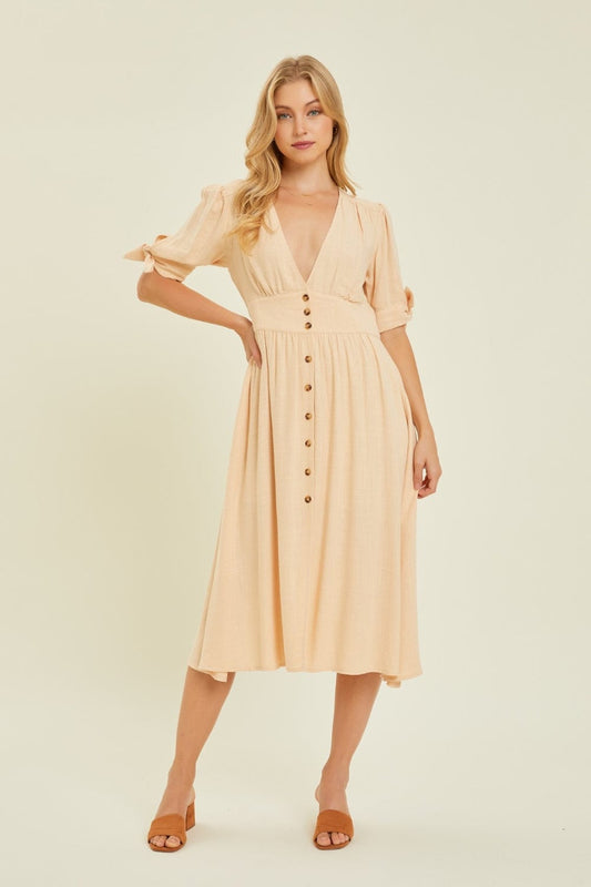 Trendsi Cream / S HEYSON Full Size Textured Linen V-Neck Button-Down Midi Dress HEYSON Full Size Textured Linen V-Neck Button-Down Midi Dress