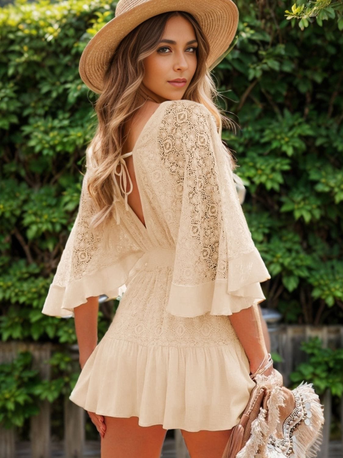 Trendsi Cream / S Lace Cutout Half Sleeve Mini Dress Lace Cutout Half Sleeve Mini Dress
