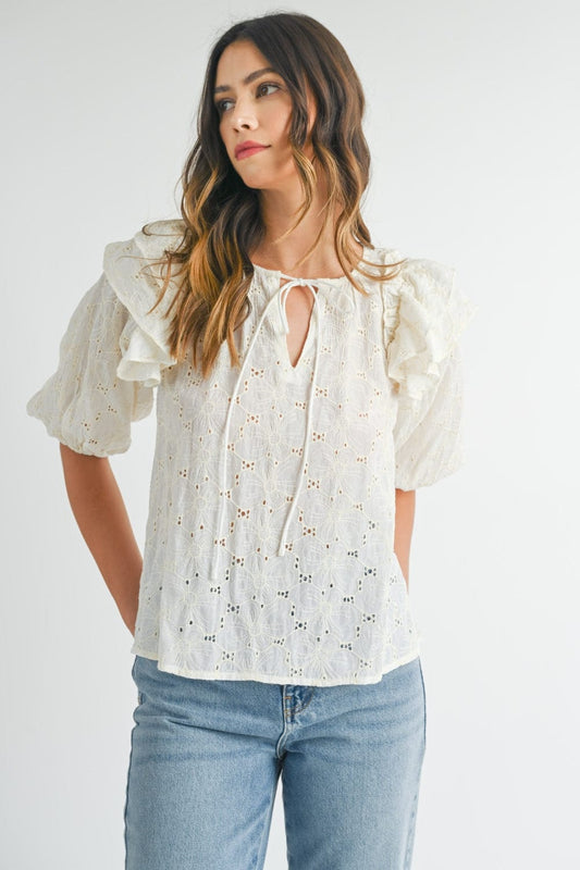 Trendsi Cream / S MABLE Eyelet Lace Ruffle Shoulder Puff Sleeve Blouse MABLE Eyelet Lace Ruffle Shoulder Puff Sleeve Blouse
