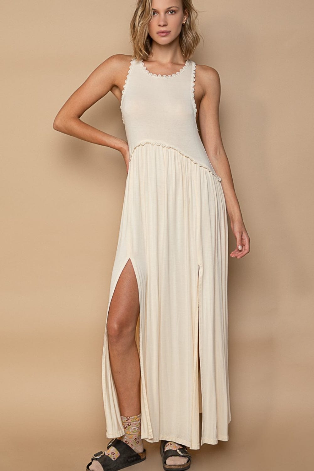 Trendsi Cream / S POL Sleeveless Back Zipper Front Slit Maxi Dress POL Sleeveless Back Zipper Front Slit Maxi Dress