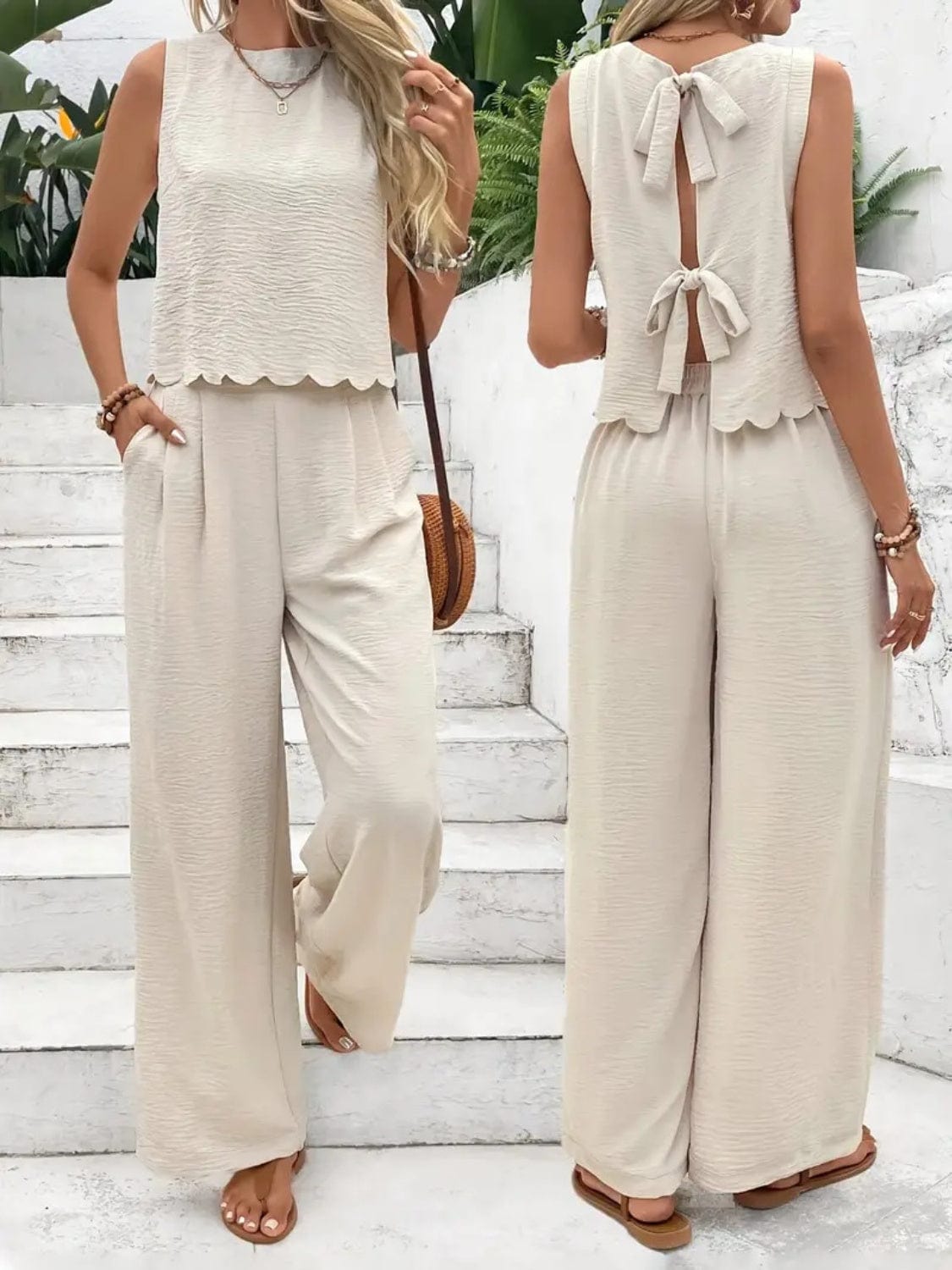 Trendsi Cream / S Tie Back Round Neck Top and Pants Set Tie Back Round Neck Top and Pants Set