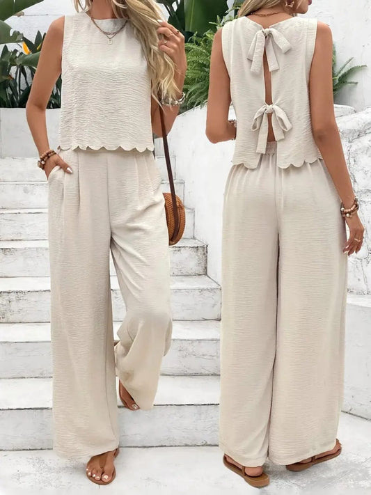 Trendsi Cream / S Tie Back Round Neck Top and Pants Set Tie Back Round Neck Top and Pants Set