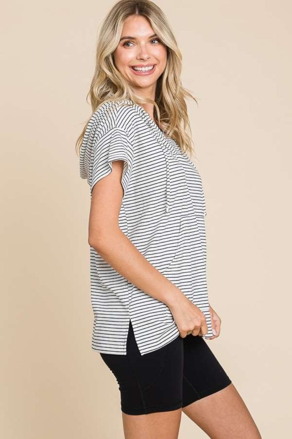 Trendsi Culture Code Full Size Striped Short Sleeve Hooded Top Culture Code Full Size Striped Short Sleeve Hooded Top