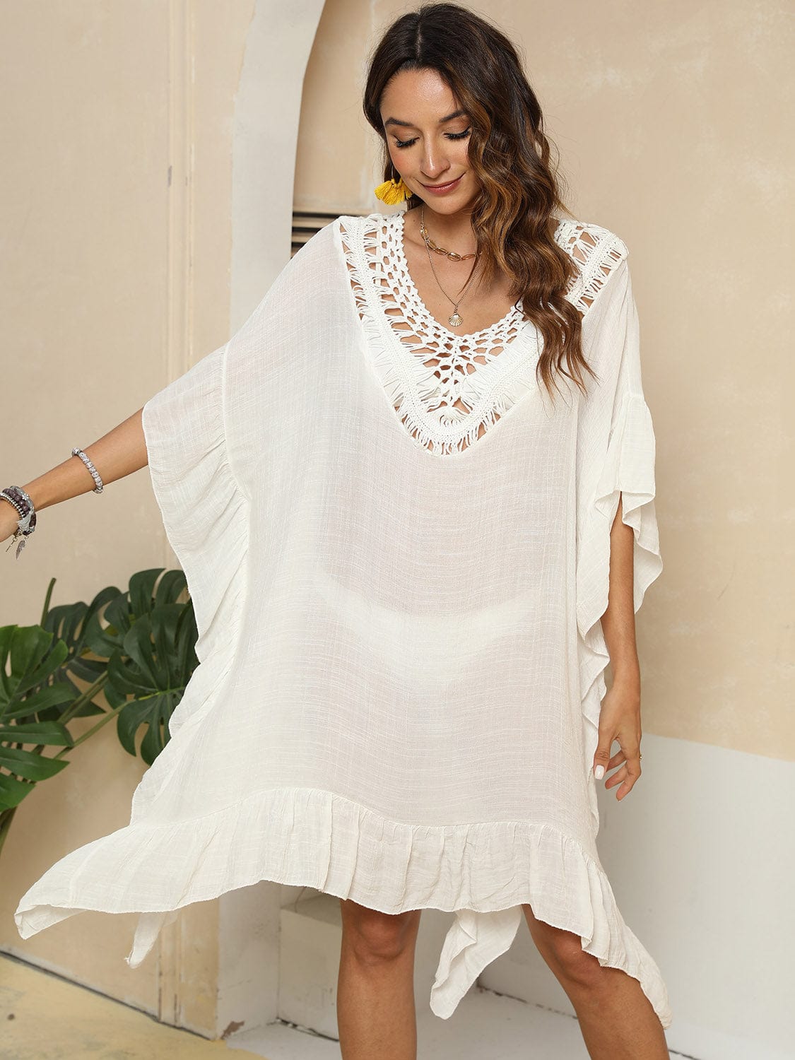 Trendsi Cutout Ruffled Half Sleeve Cover-Up Cutout Ruffled Half Sleeve Cover-Up
