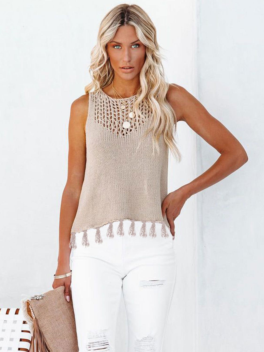 Trendsi Cutout Tassel Round Neck Tank Cutout Tassel Round Neck Tank