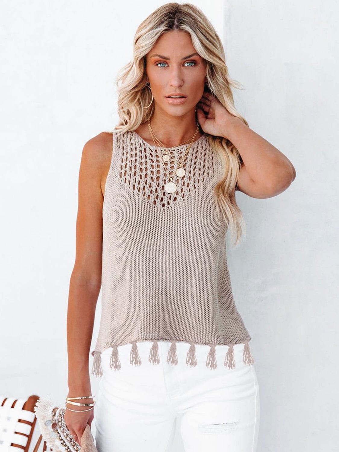 Trendsi Cutout Tassel Round Neck Tank Cutout Tassel Round Neck Tank