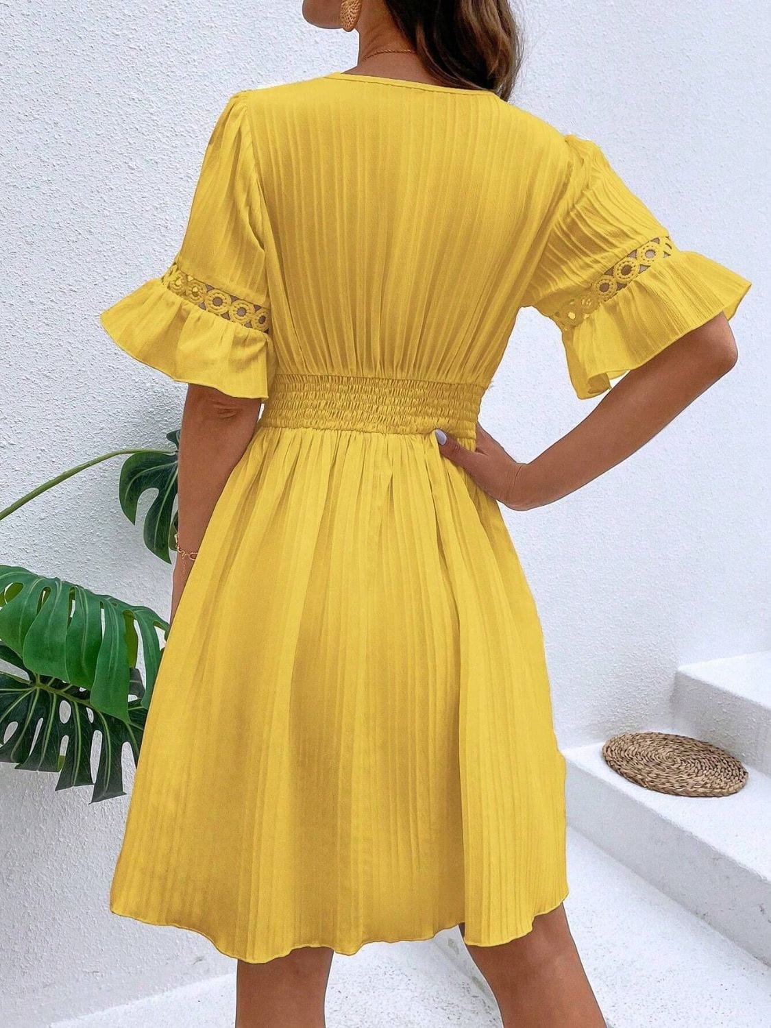 Trendsi Cutout V-Neck Flounce Sleeve Mini Dress Cutout V-Neck Flounce Sleeve Mini Dress