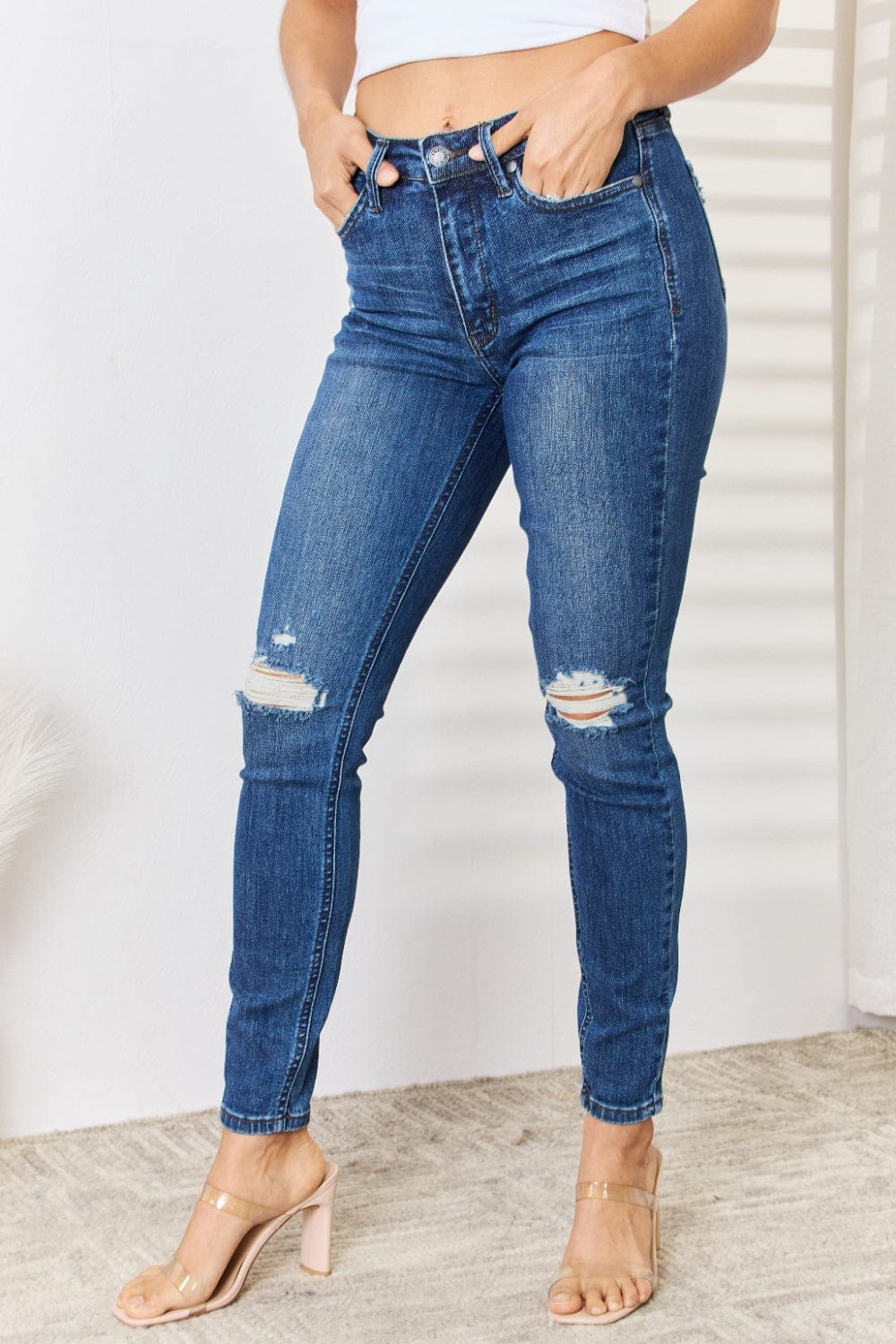 Trendsi Dark / 0 Judy Blue Full Size Mid Waist Distressed Slim Jeans Judy Blue Full Size Mid Waist Distressed Slim Jeans