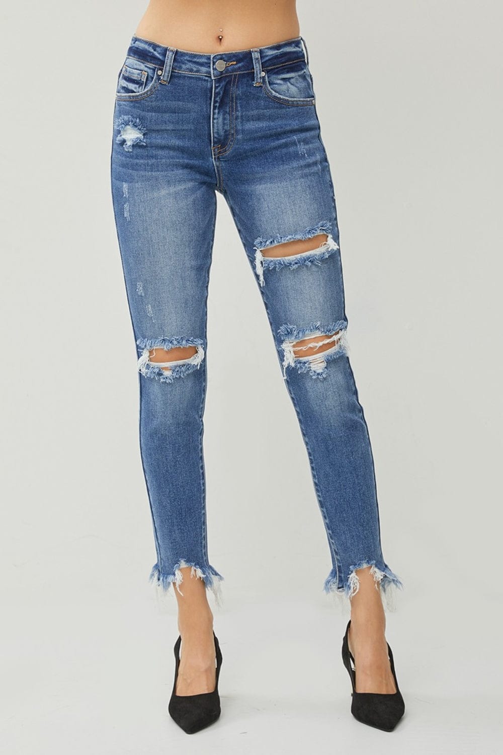 Trendsi DARK / 0 RISEN Distressed Frayed Hem Slim Jeans RISEN Distressed Frayed Hem Slim Jeans