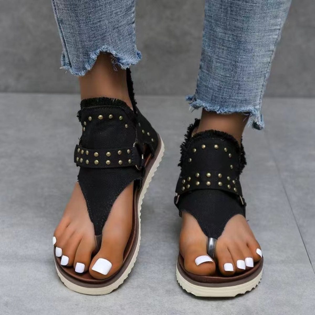 Trendsi Dark / 36(US5) Studded Raw Hem Flat Sandals Studded Raw Hem Flat Sandals