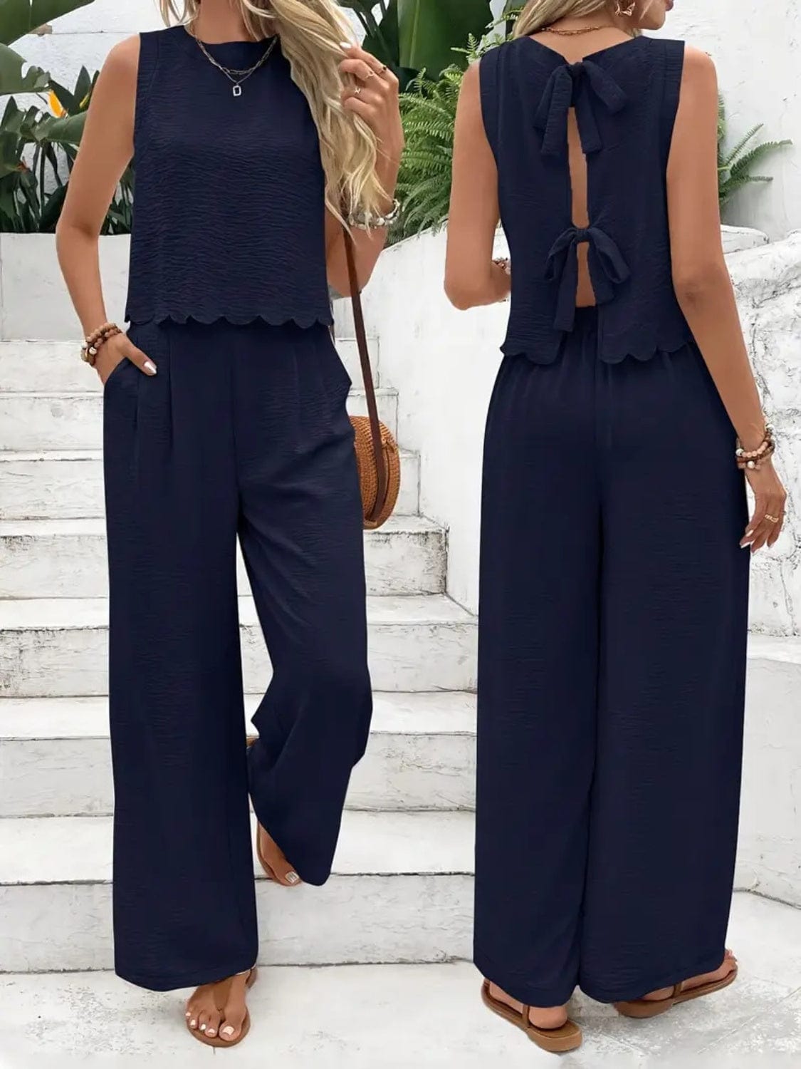Trendsi Dark Blue / 2XL Tie Back Round Neck Top and Pants Set Tie Back Round Neck Top and Pants Set