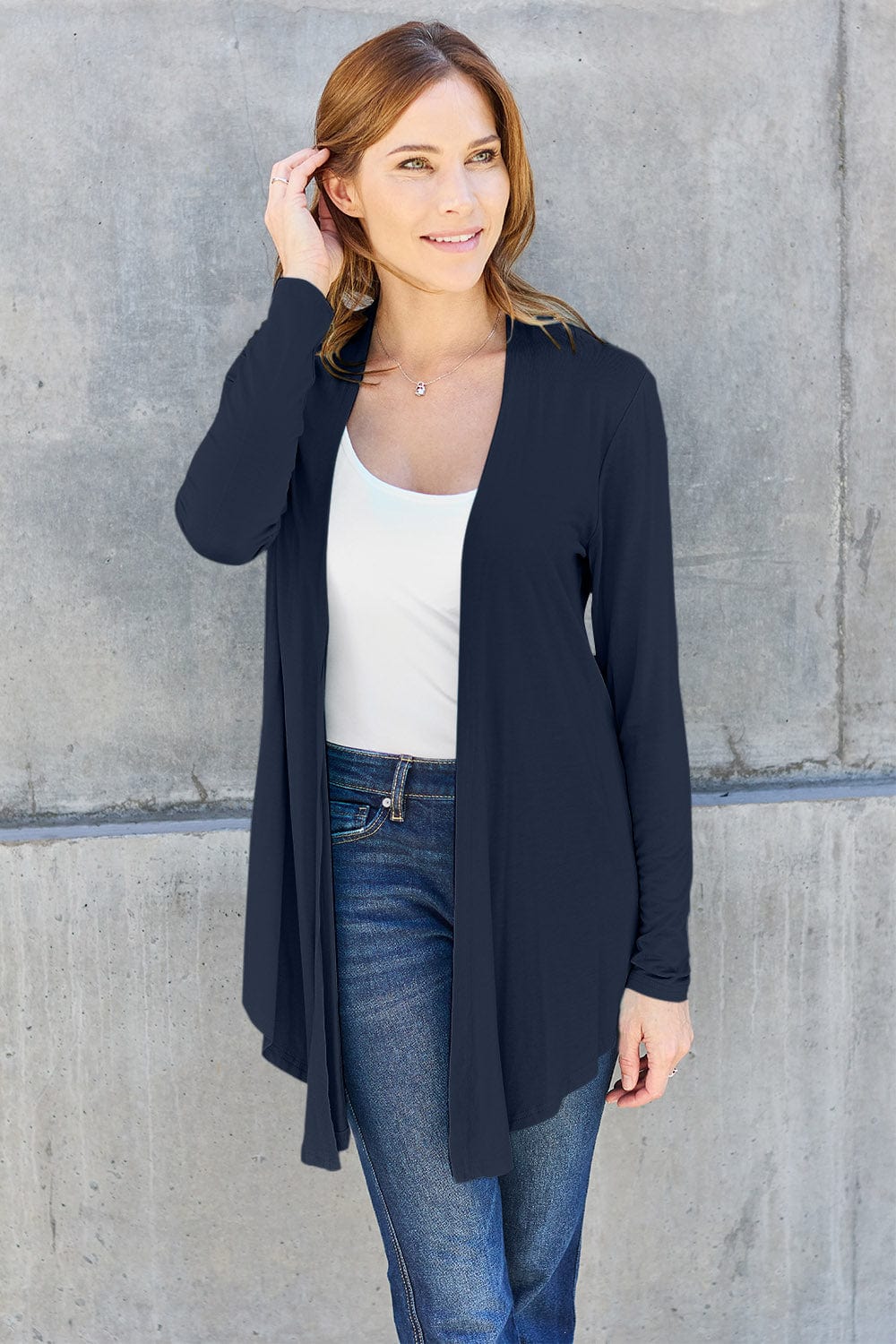 Trendsi Dark Blue / S Basic Bae Full Size Open Front Long Sleeve Cardigan Basic Bae Full Size Open Front Long Sleeve Cardigan