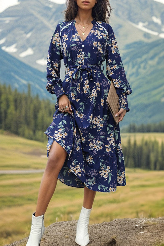 Trendsi Dark Blue / S Printed Notched Lantern Sleeve Midi Dress Printed Notched Lantern Sleeve Midi Dress