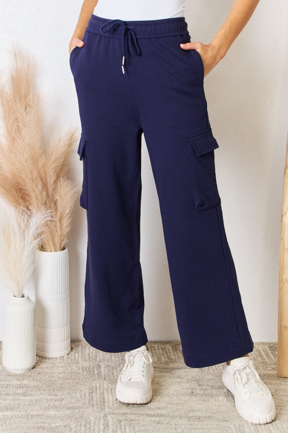 Trendsi Dark Blue / S RISEN Drawstring Relaxed Cargo Wide Leg Pants RISEN Drawstring Relaxed Cargo Wide Leg Pants