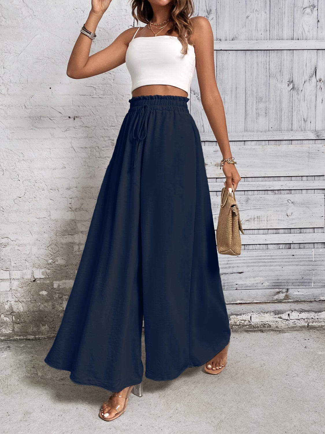 Trendsi Dark Blue / S Tied High Waist Wide Leg Pants Tied High Waist Wide Leg Pants