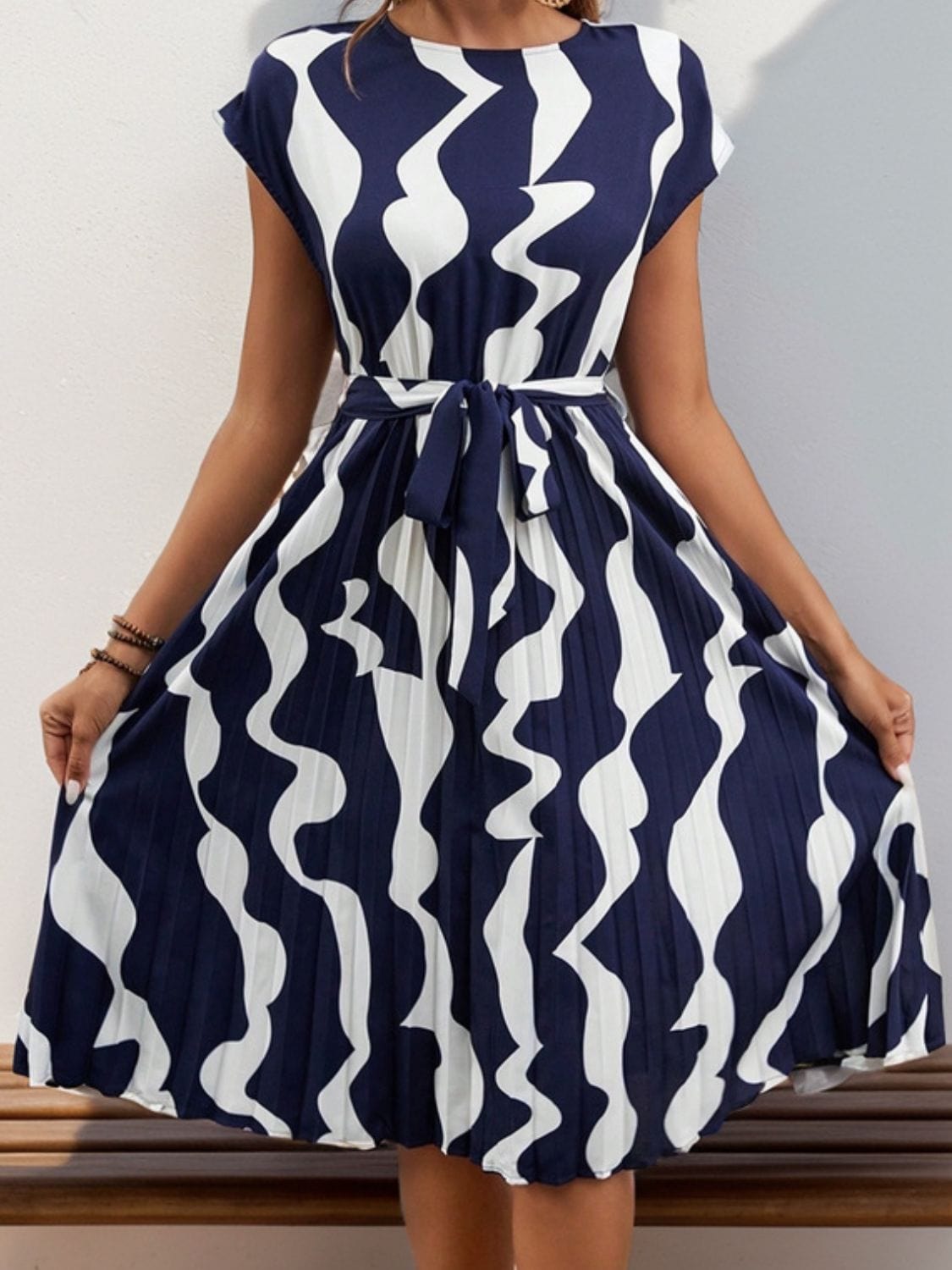 Trendsi Dark Blue / S Tied Pleated Printed Cap Sleeve Dress Tied Pleated Printed Cap Sleeve Dress