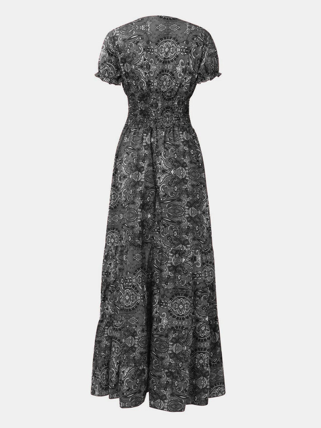 Trendsi Dark Gray / S Full Size Smocked Printed V-Neck Short Sleeve Dress Full Size Smocked Printed V-Neck Short Sleeve Dress