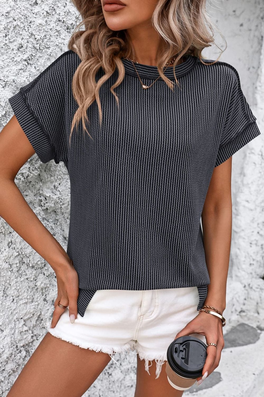 Trendsi Dark Gray / S Striped Round Neck Short Sleeve T-Shirt Striped Round Neck Short Sleeve T-Shirt