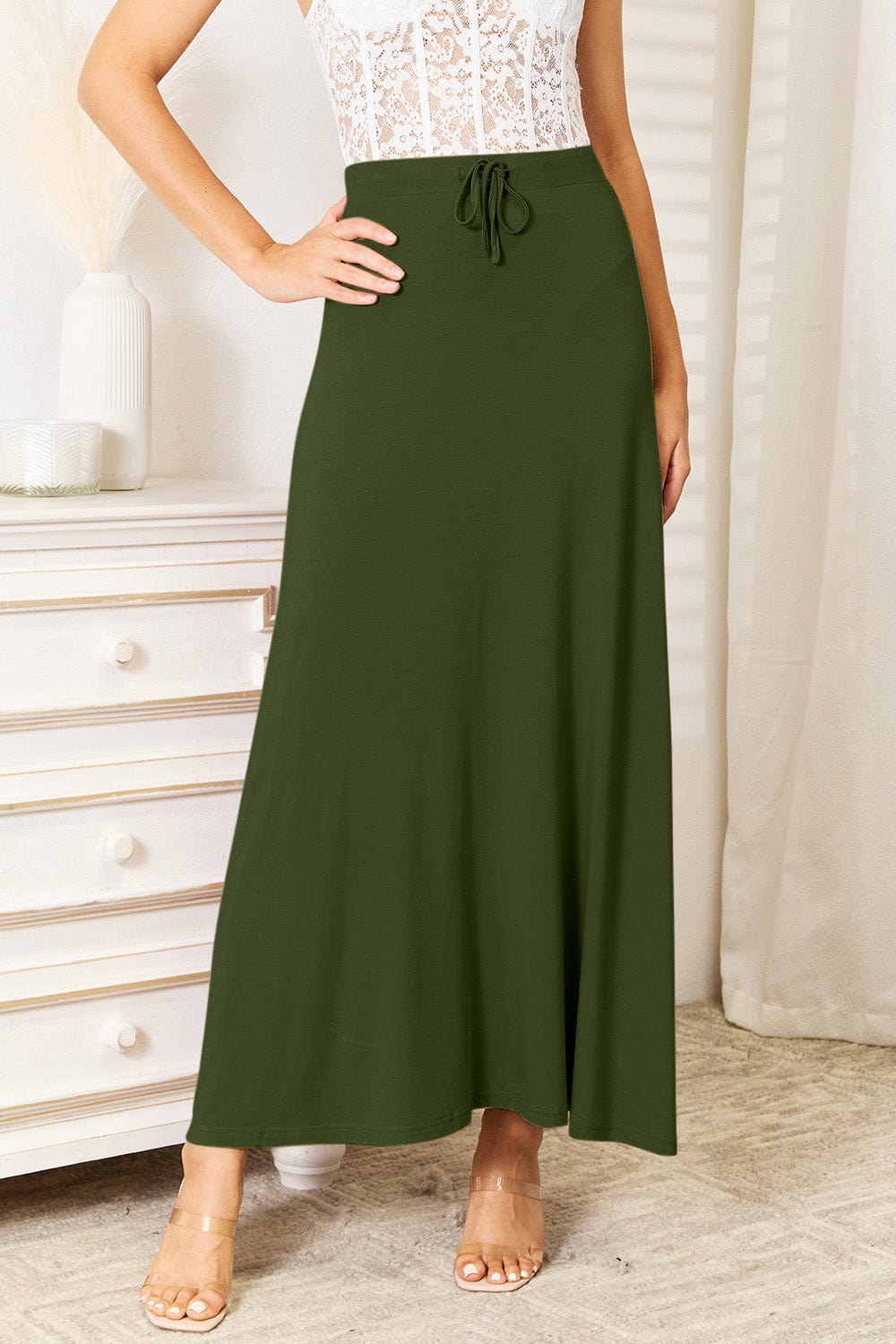 Trendsi Dark Green / S Double Take Full Size Soft Rayon Drawstring Waist Maxi Skirt Rayon Double Take Full Size Soft Rayon Drawstring Waist Maxi Skirt Rayon