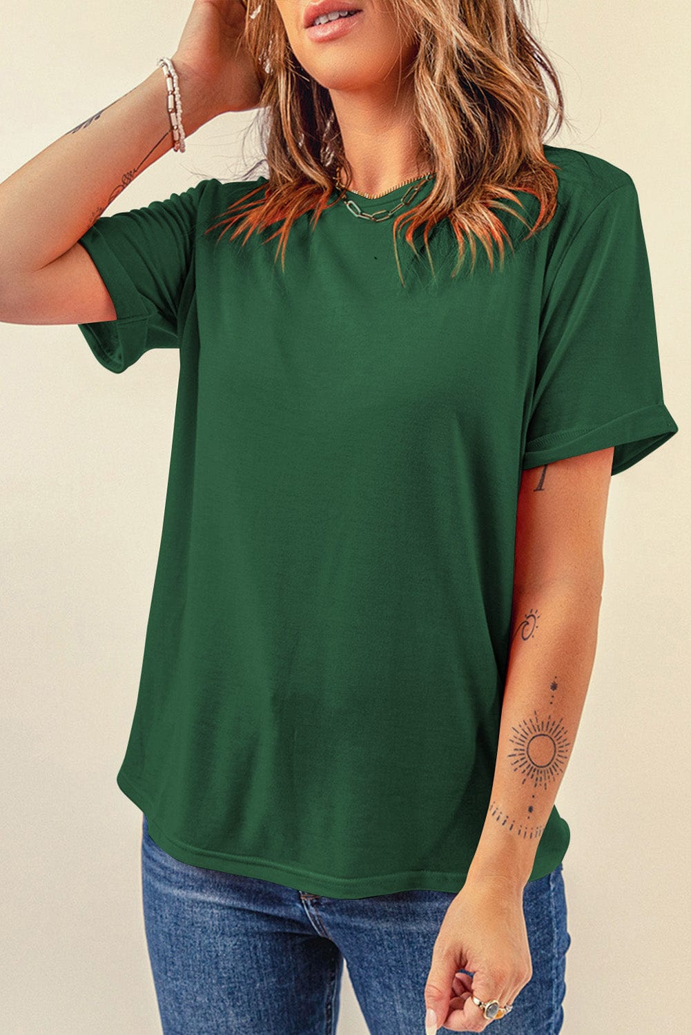 Trendsi Dark Green / S Round Neck Short Sleeve T-Shirt Round Neck Short Sleeve T-Shirt
