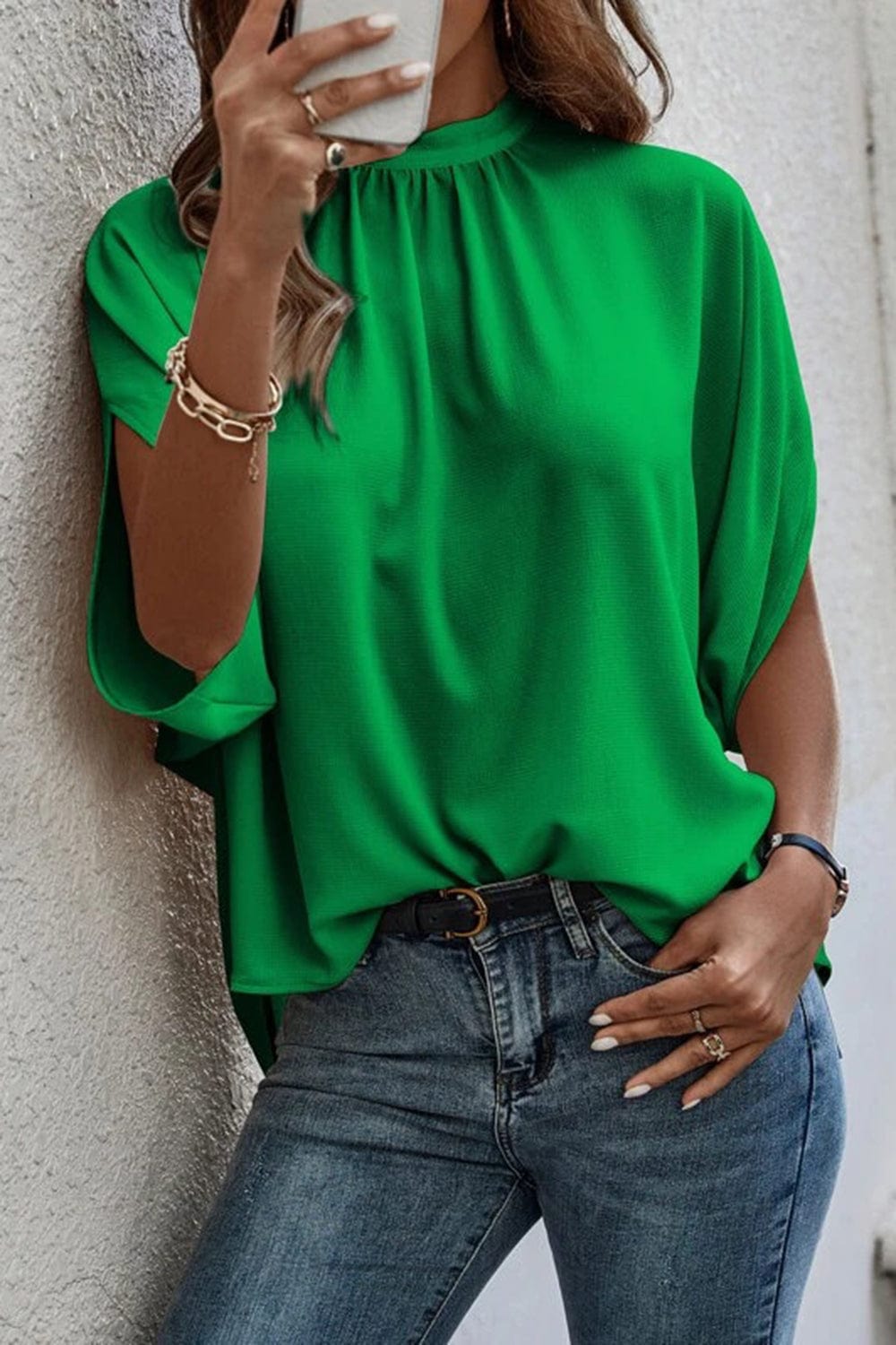 Trendsi Dark Green / S Tie Back Slit Half Sleeve Blouse Tie Back Slit Half Sleeve Blouse