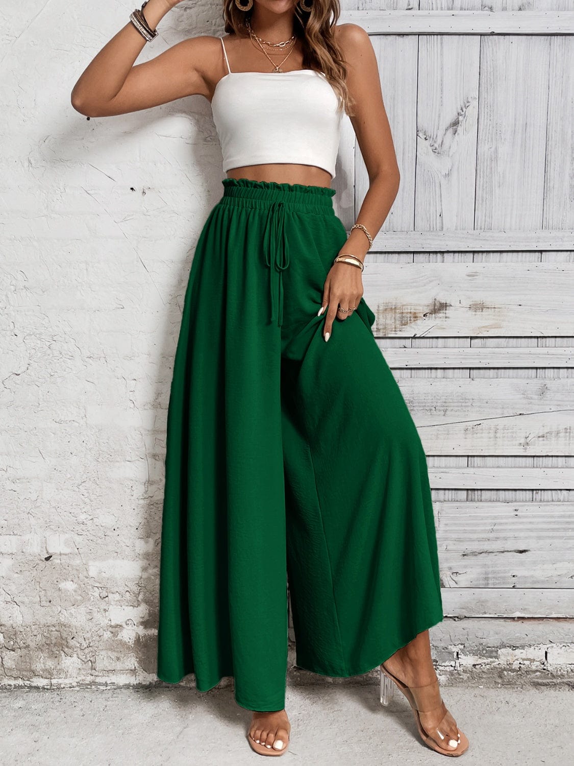Trendsi Dark Green / S Tied High Waist Wide Leg Pants Tied High Waist Wide Leg Pants