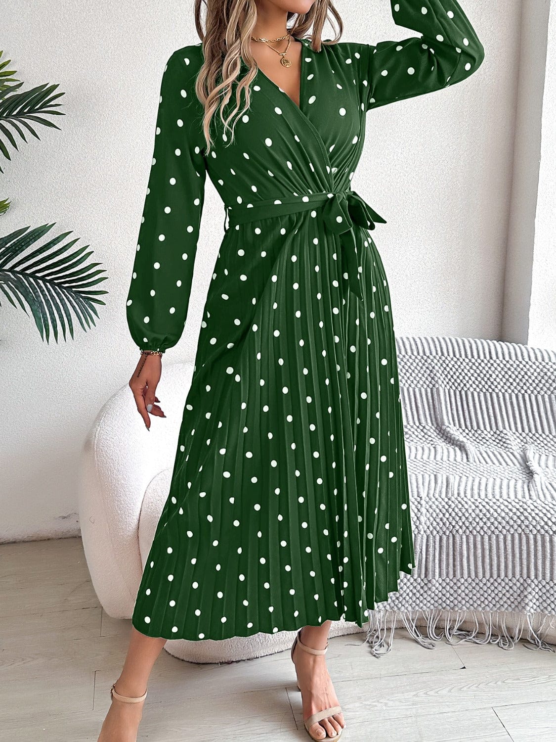 Trendsi Dark Green / S Tied Polka Dot Long Sleeve Midi Dress Tied Polka Dot Long Sleeve Midi Dress
