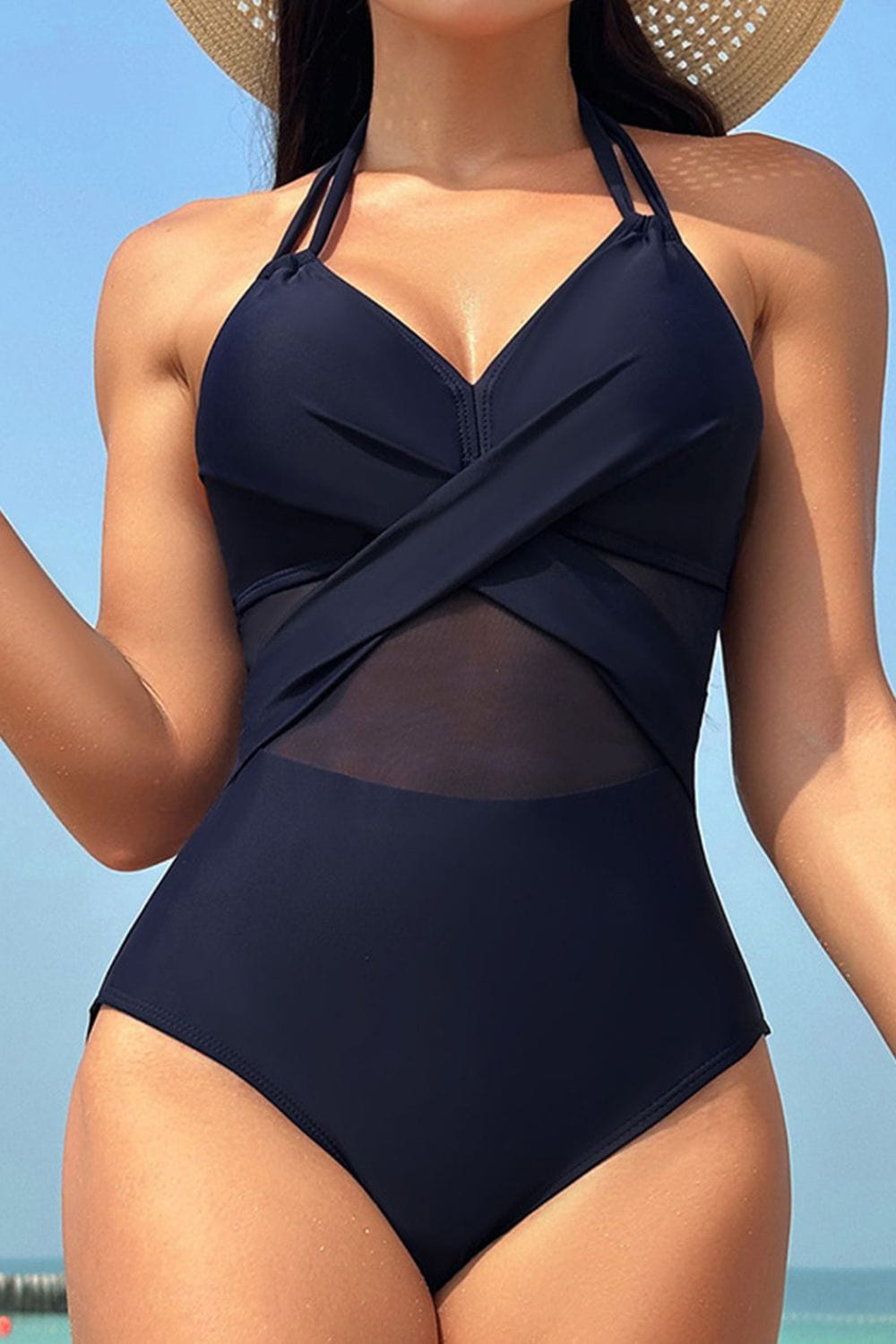 Trendsi Dark Navy / S Crisscross Halter Neck One-Piece Swimwear Crisscross Halter Neck One-Piece Swimwear