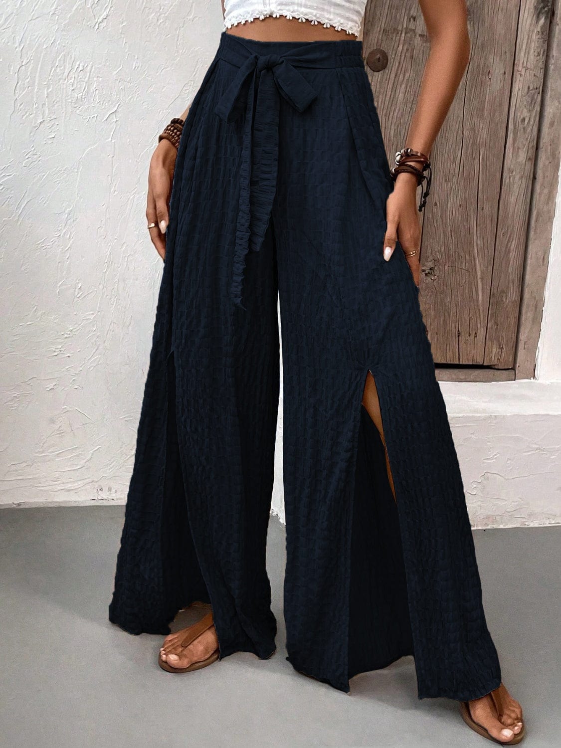 Trendsi Dark Navy / S Tied Slit Wide Leg Pants Tied Slit Wide Leg Pants