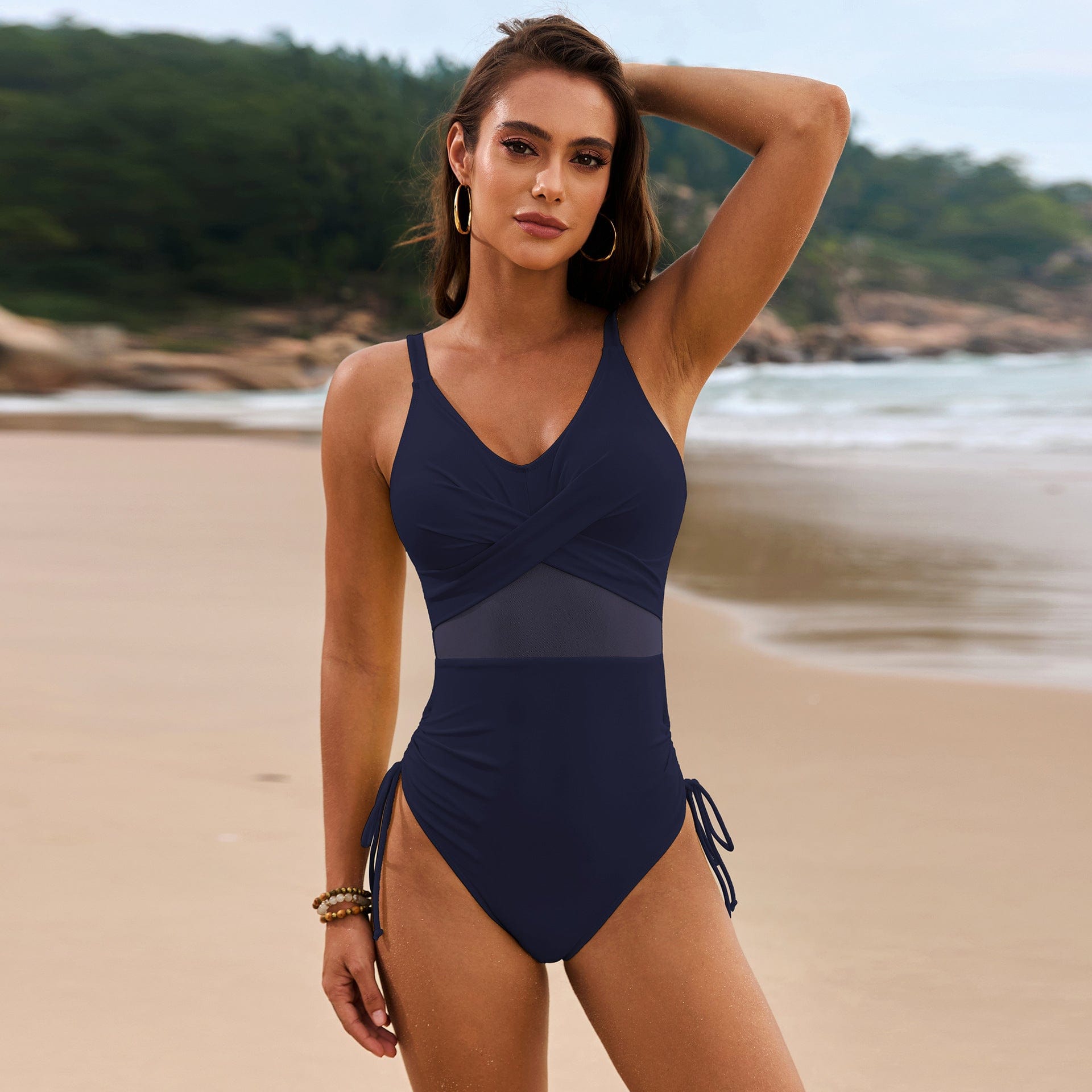 Trendsi Dark Navy / XL Drawstring Ruched V-Neck One-Piece Swimwear Drawstring Ruched V-Neck One-Piece Swimwear