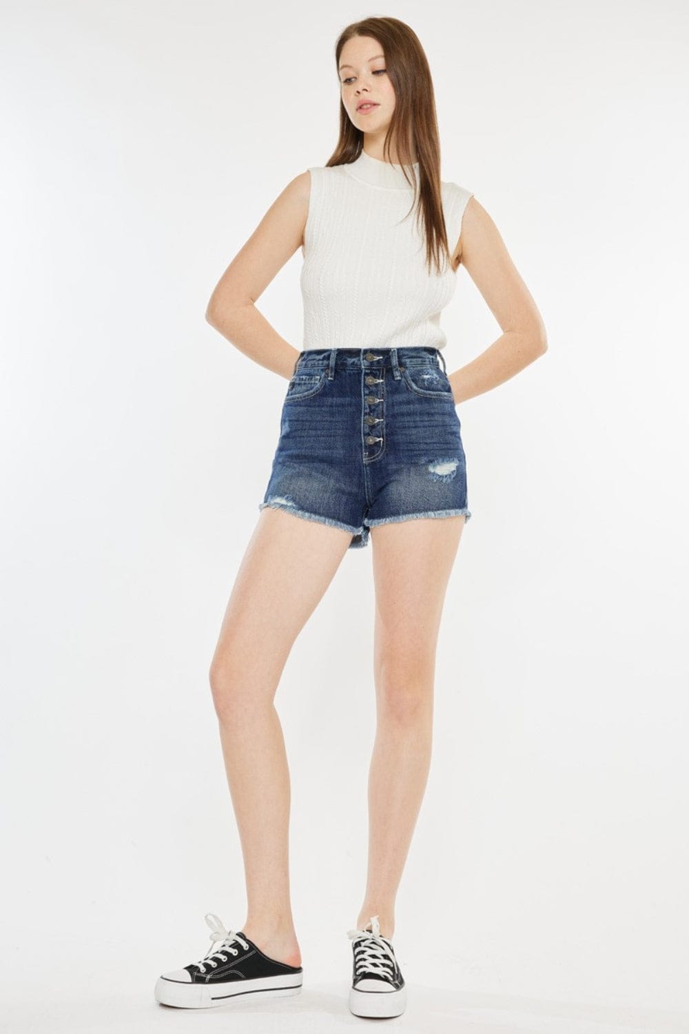Trendsi Dark / S Kancan Raw Hem Button Fly Denim Shorts Kancan Raw Hem Button Fly Denim Shorts