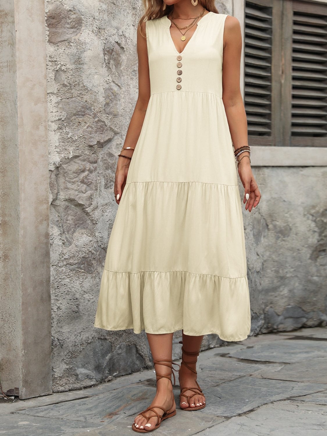 Trendsi Decorative Button Notched Sleeveless Dress Decorative Button Notched Sleeveless Dress