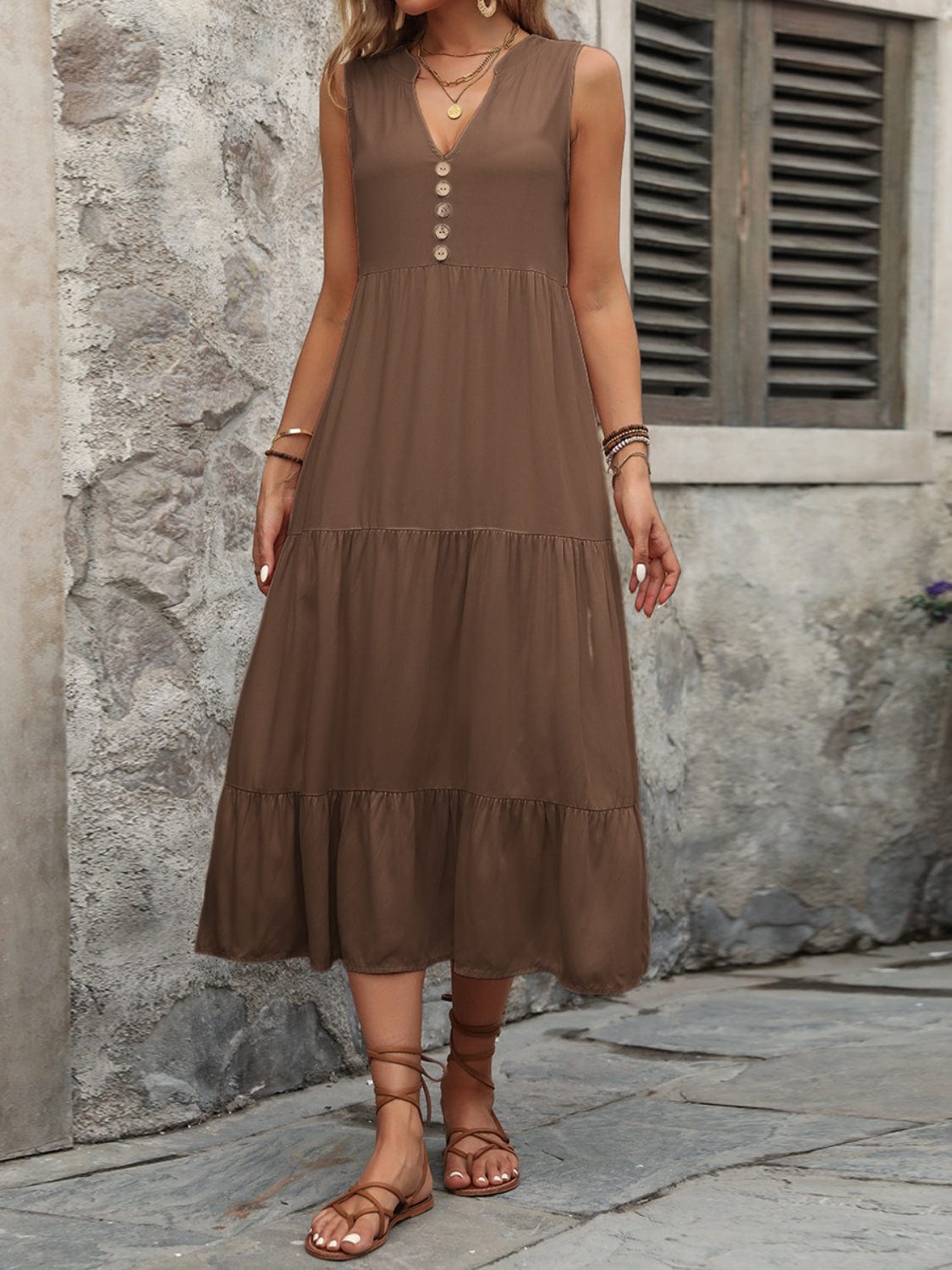 Trendsi Decorative Button Notched Sleeveless Dress Decorative Button Notched Sleeveless Dress
