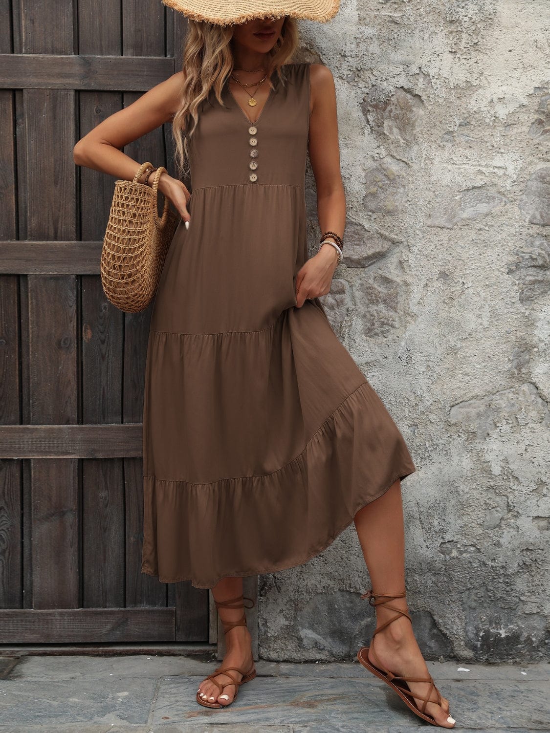 Trendsi Decorative Button Notched Sleeveless Dress Decorative Button Notched Sleeveless Dress
