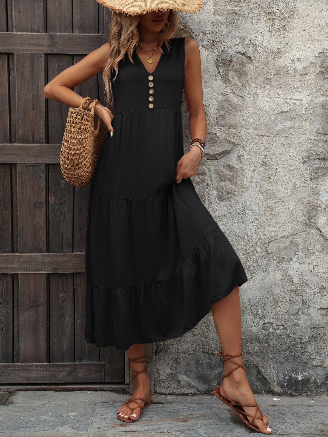 Trendsi Decorative Button Notched Sleeveless Dress Decorative Button Notched Sleeveless Dress