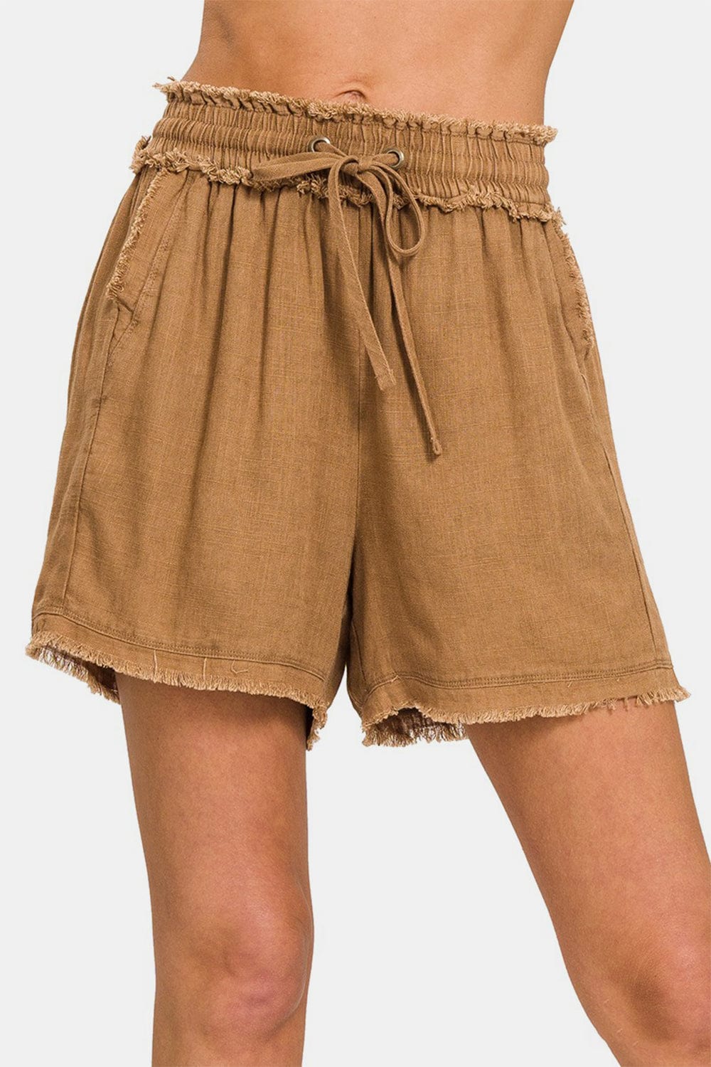 Trendsi Deep Camel / S Zenana Washed Linen Frayed Hem Drawstring Shorts Zenana Washed Linen Frayed Hem Drawstring Shorts