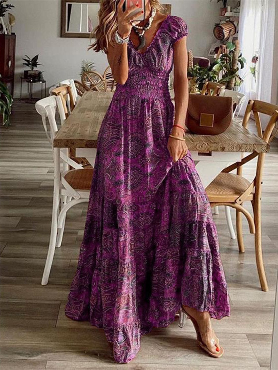 Trendsi Deep Purple / S Full Size Smocked Printed V-Neck Short Sleeve Dress Full Size Smocked Printed V-Neck Short Sleeve Dress