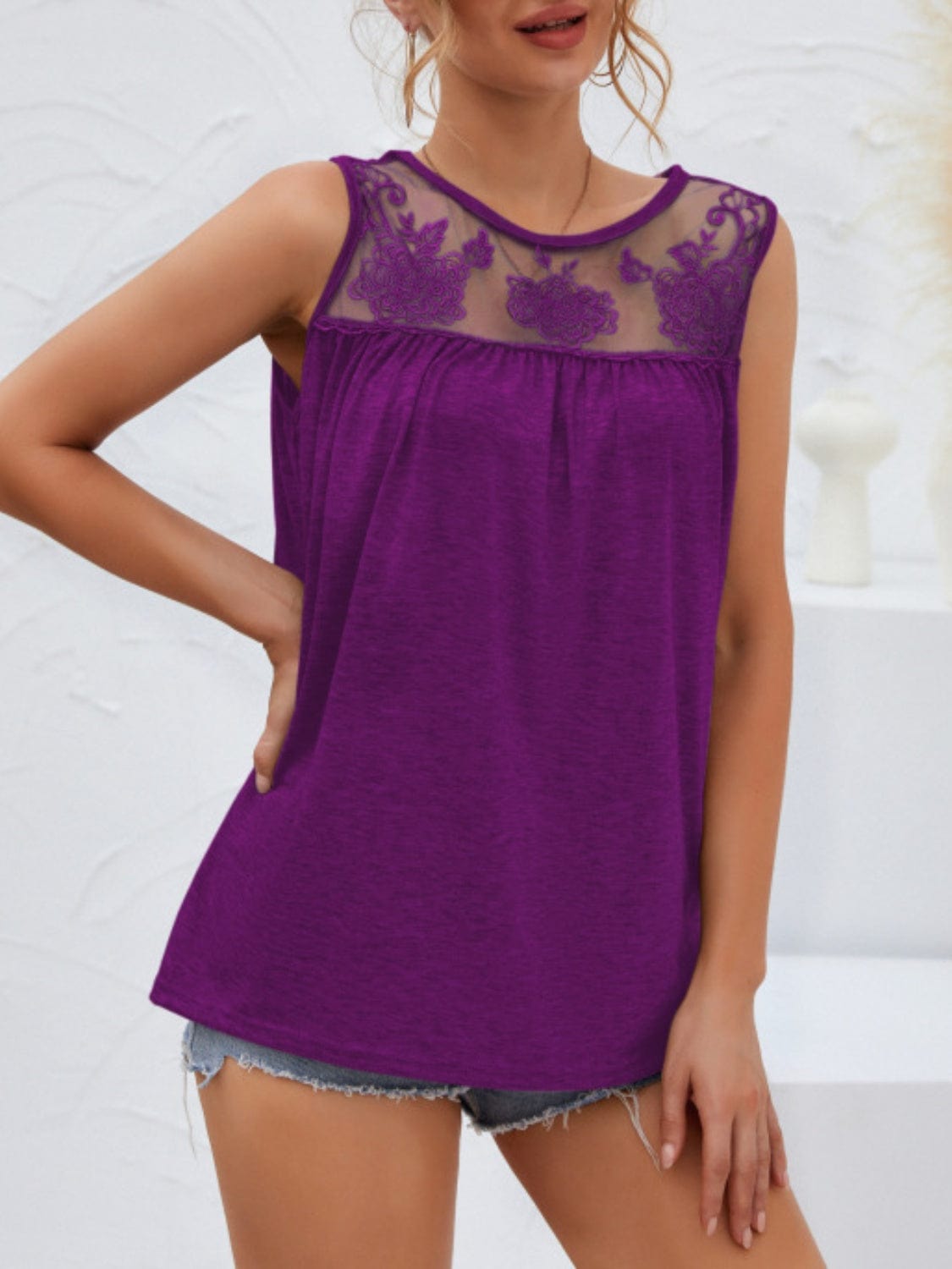 Trendsi Deep Purple / S Lace Detail Round Neck Tank Lace Detail Round Neck Tank